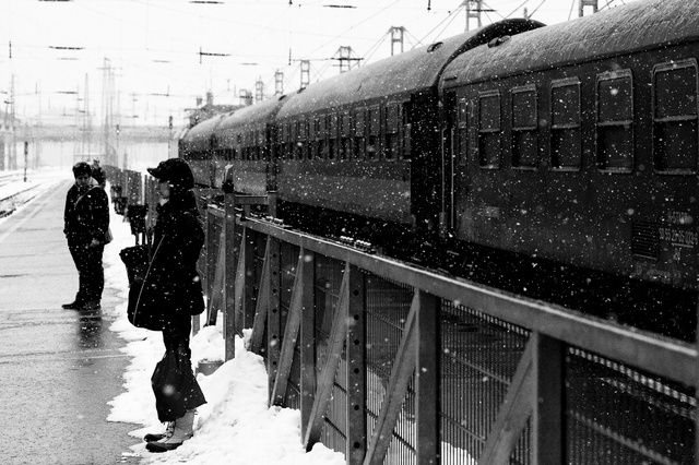 Waiting in the snow, Budapest train station