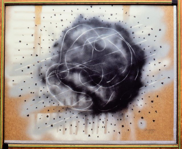 GRAY MATTER   Poured Acrylic Sanded, Spray Paint, Kraft Paper 26" x 33" 1987 Private Collection