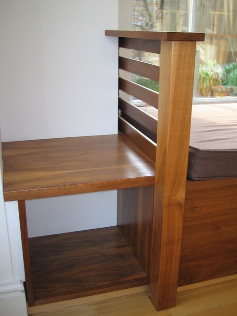 Window seat - Lacquered American Walnut, open shelves at ends