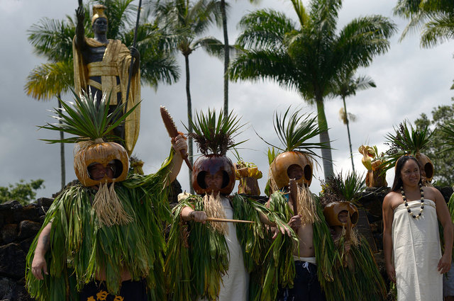 Warriors in traditional Hawaiian regalia