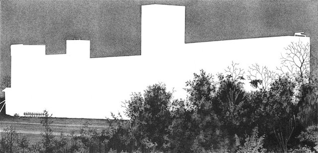 Dueget's Brand Rice Factory, 2012, graphite on paper, 7.5 x 15"