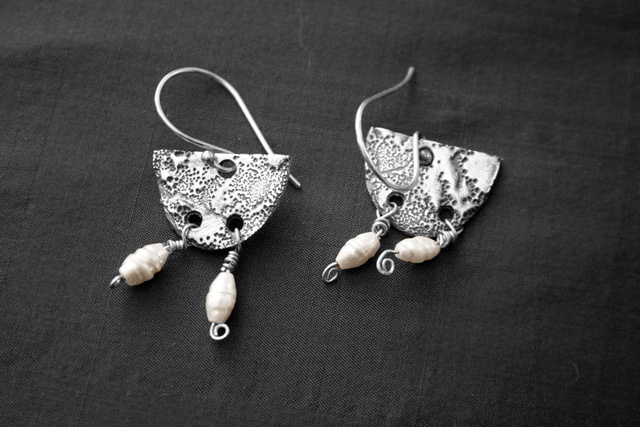 Half Moon Pearl Earrings - Fine silver with patina. Pearl dangles. Dimensions 2 x 2 cm (SOLD)