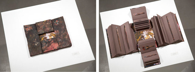 installation view: handmade quadruple gatefold book containing 511 photos of Wandzel's brushes
