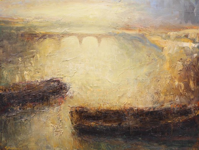 Bateaux au crépuscule jaune