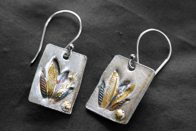 Plantain Leaf Earrings - Pure silver w/ 24k gold and patina - Dimensions 2 1/2 X 2 cm (SOLD)