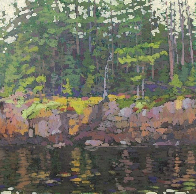 Rocky Shore Still Water, Northeast Harbor, Acrylic on Canvas, 24 x 24 in. (NLA)