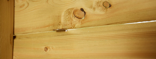 Photo showing gap in tongue and groove of back panel of shed with 50 pence coin inserted to show size of gap