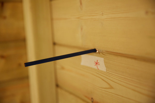 The largest of several holes in walls of shed with pencil inserted to show size.