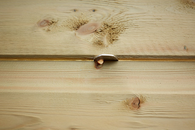 Photo showing gap in tongue and groove of back panel of shed with 50 pence coin inserted to show size of gap