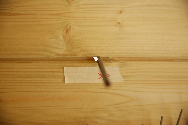 The largest of several holes in walls of shed with pencil inserted to show size.