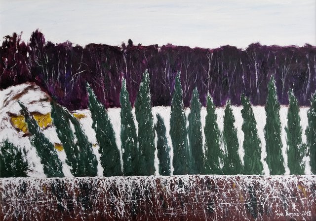 Krajobraz zimowy z Kazimierza Dolnego 65x92 olej płótno 2018