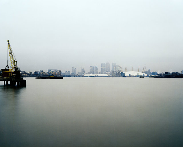 View of The O2 (Millennium Dome), Canary Wharf and the Thames in London.