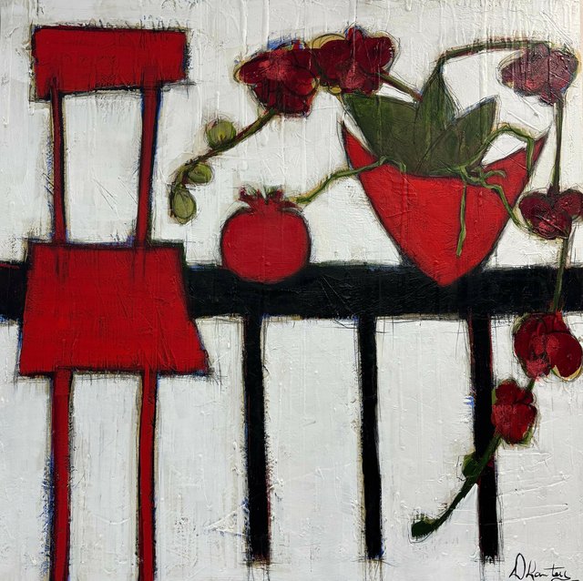 Danieelle Lanteigne - Orchidée chaise et pomme grenade sur table