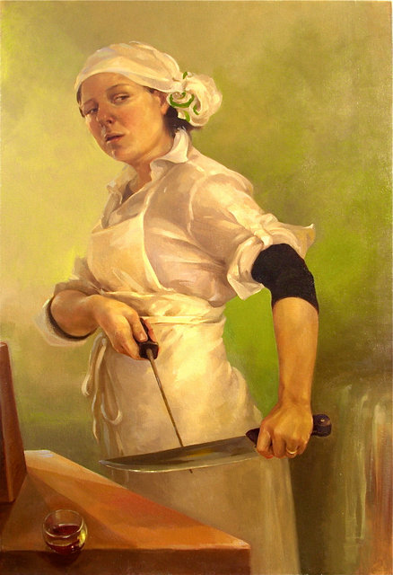 Knife Sharpener, oil on canvas, 27"x39”