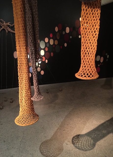 Installation made for Tomelilla konsthall 2016, materials: Crocheted nets, stones washed in the sea, leather patches, yarn and wooden yarn holders. The installation is my reaction on the part of Sweden where Tomelilla is located.