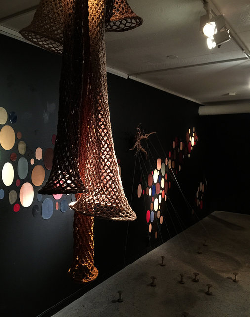 Installation made for Tomelilla konsthall 2016, materials: Crocheted nets, stones washed in the sea, leather patches, yarn and wooden yarn holders. The installation is my reaction on the part of Sweden where Tomelilla is located.