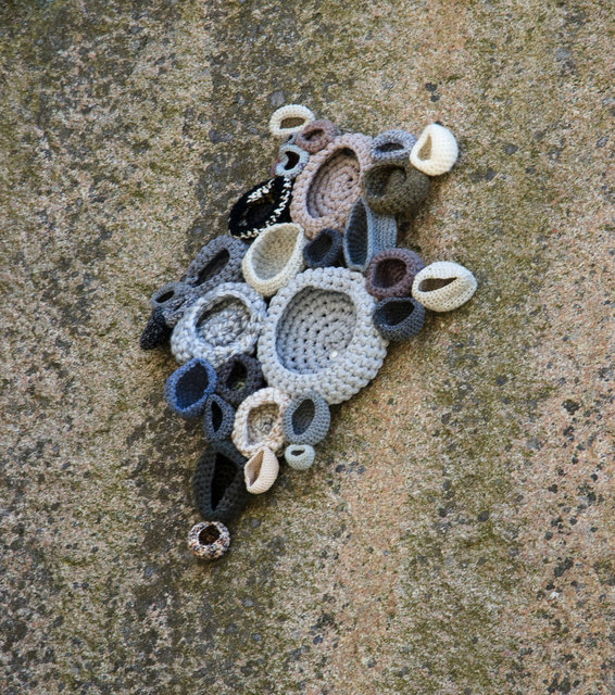 Crocheted round shapes from different kind of yarns. Uddenskulptur 2016, Hunnebostrand, Sweden