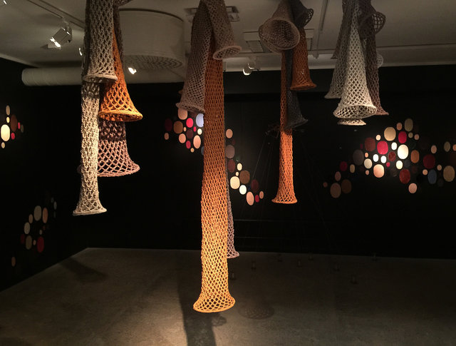 Installation made for Tomelilla konsthall 2016, materials: Crocheted nets, stones washed in the sea, leather patches, yarn and wooden yarn holders. The installation is my reaction on the part of Sweden where Tomelilla is located.