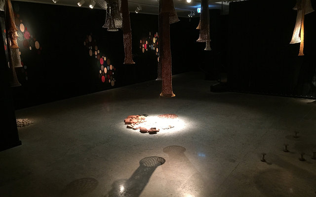 Installation made for Tomelilla konsthall 2016, materials: Crocheted nets, stones washed in the sea, leather patches, yarn and wooden yarn holders. The installation is my reaction on the part of Sweden where Tomelilla is located.