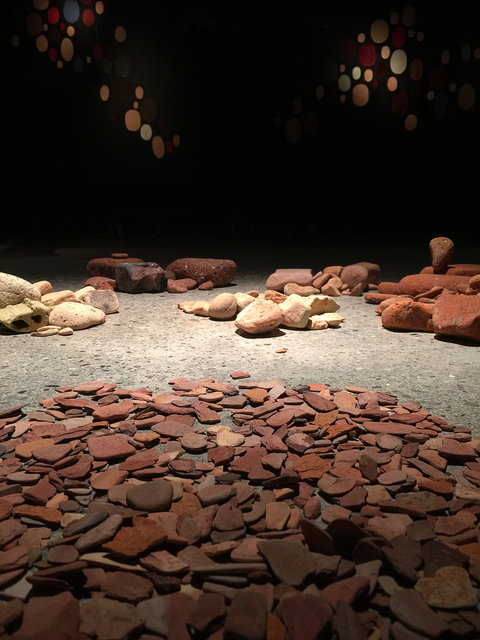 Installation made for Tomelilla konsthall 2016, materials: Crocheted nets, stones washed in the sea, leather patches, yarn and wooden yarn holders. The installation is my reaction on the part of Sweden where Tomelilla is located.