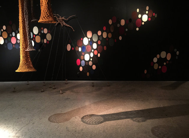 Installation made for Tomelilla konsthall 2016, materials: Crocheted nets, stones washed in the sea, leather patches, yarn and wooden yarn holders. The installation is my reaction on the part of Sweden where Tomelilla is located.