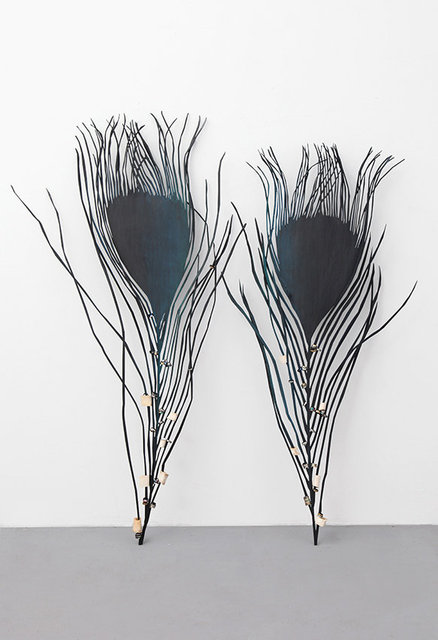 Peacock Feathers, 2021. Iron, metal rings, bones, enamel paint. 180 x 171 x 15 cm.