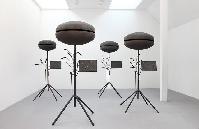 Ostinato Bells, 2020 Iron, magnets. Each approx 95 x 95 x 240 cm. Bells ø 70, 80, 90 & 100 cm