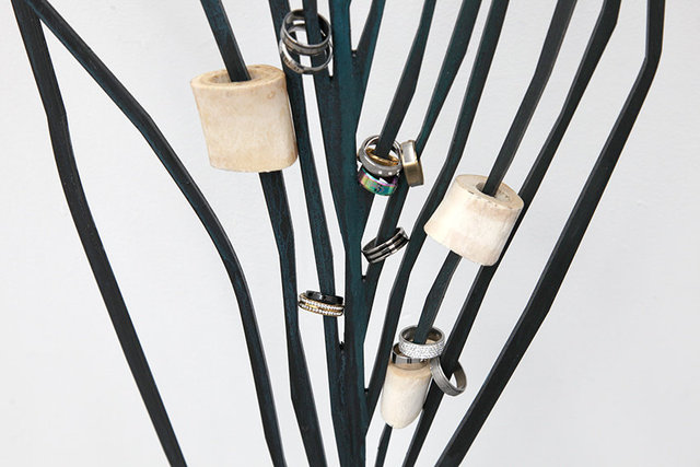Peacock Feathers, 2021, detail. Iron, metal rings, bones, enamel paint. 180 x 171 x 15 cm.