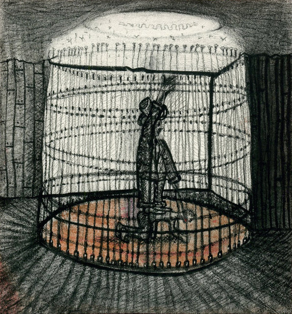 3. "Albert decided the best way to control & train his ego was to every night before sleeping, ride it like a circus animal. For this purpose he constructed a circular cage." Pastel, 10x10cm, 2010