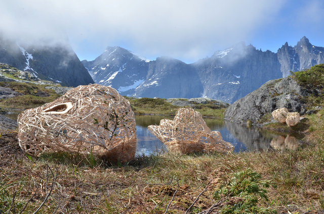 Installation woven of wood and rattan for 'Kunst i Natur* in Åndalsnes, Norway 2015