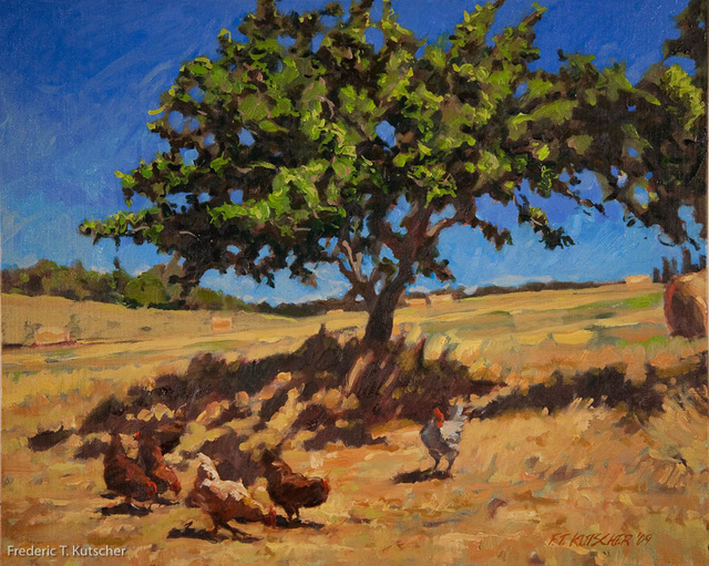 2009-33 Apple Tree and Chickens (Lopez Island_ WA) (21.5W  17.5H oil on canvas on board).jpg