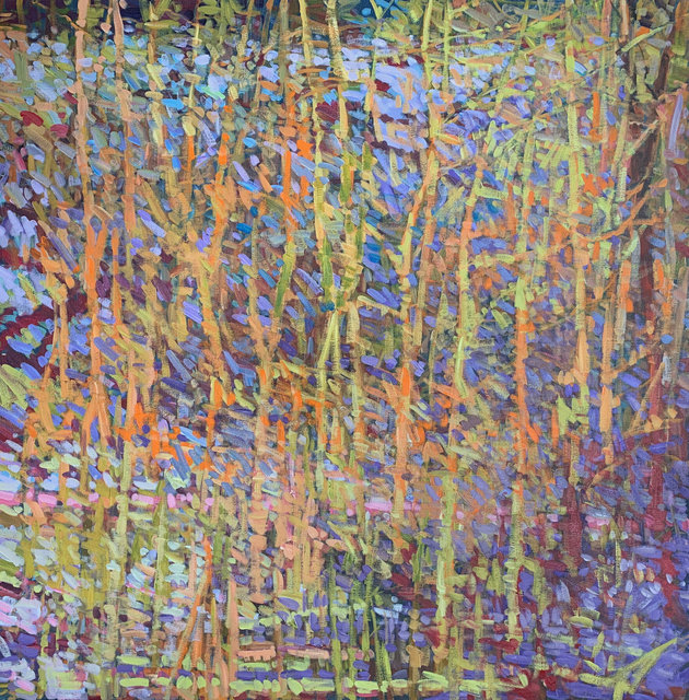 Aspens and Shaded Snow on a Hillside Near East Elk Creek, Acrylic on Canvas, 48 x 48 in.