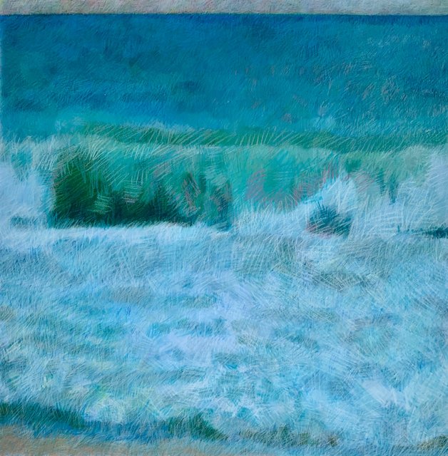Kailua Wave With Beach and Horizon, 2019, Wax crayon over digital print, 28.75 x 28.75 in.