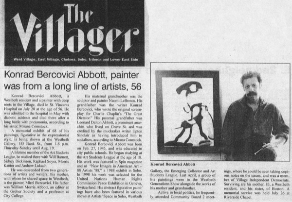 VILLAGER NEWSPAPER/NYC/OBITUARY FOR KONRAD B. ABBOTT/2001