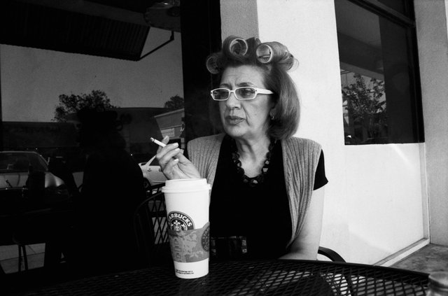 My mother at a hairdresser's appointment.