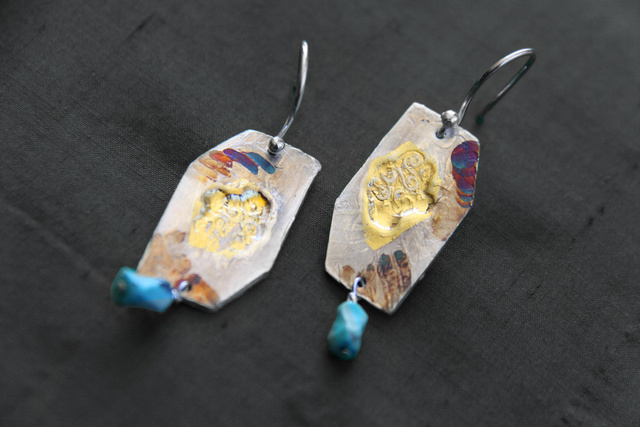 Turquoise Dangle Earrings - Fine Silver w/ 24k gold and patina - Dimensions 3 X 1.5 cm (SOLD)