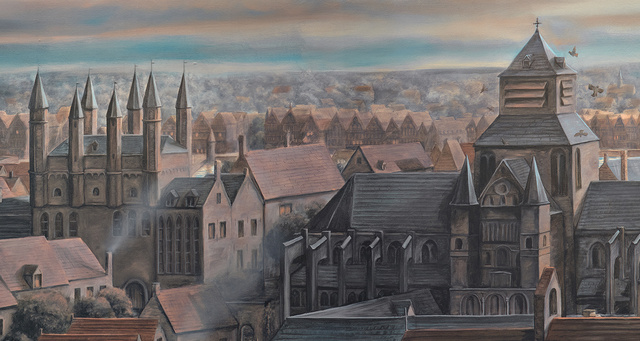 Panoramic painting of Medieval Bruges, detail