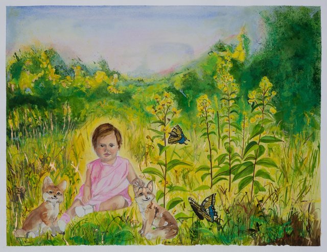 Little Ann in the Garden with Happy Foxes