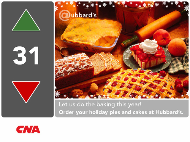 CNA elevator ad for holiday pies and cakes