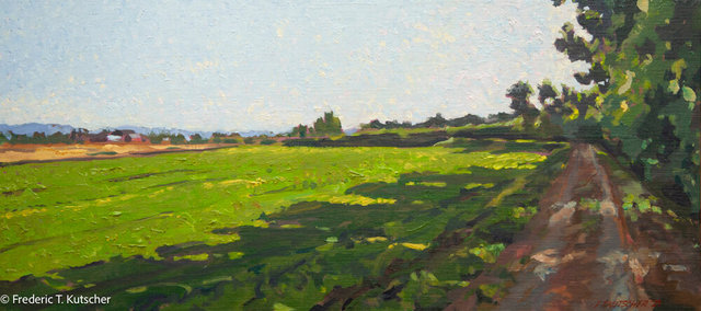 August Afternoon On Fir Island Dike, oil on linen on board, 11 x 25 inches, Artist ref 2023-25