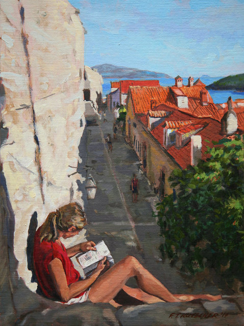 Woman in Red Shirt Reading, North Wall, Old Dubrovnik