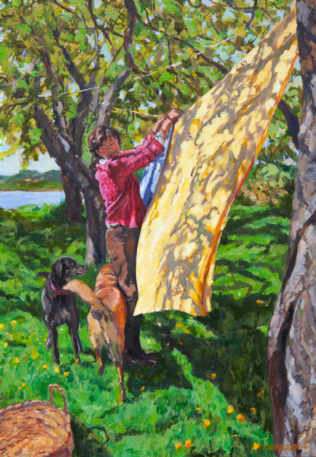 Laundry in Spring with Two Dogs