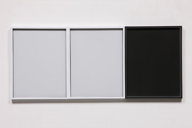 Untitled (Conder, Tatsuno and Tukamoto), 29 x 37 x 2 cm each, overall dimensions: 87 x 37 x 2 cm Silkscreen printing on unprocessed photographic papers, black and white paint on wooden frames, 2009