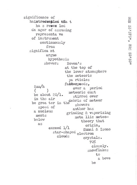 Blue Hours, typewritten texts on carbon copy papers and dictionary papers, 2011