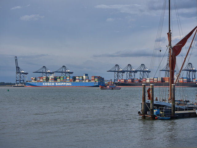 Felixstowe from Harwich, 28 Aug 26, (Cosco) "Denmark", (Cosco) "Indonesia"