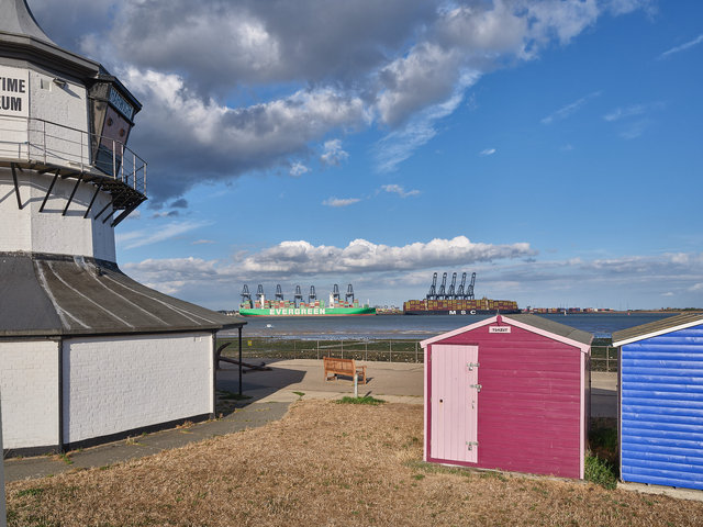 Felixstowe from Harwich Green, 28 Aug 26, "Ever Art" (Evergreen), MSC Iva (SMC)