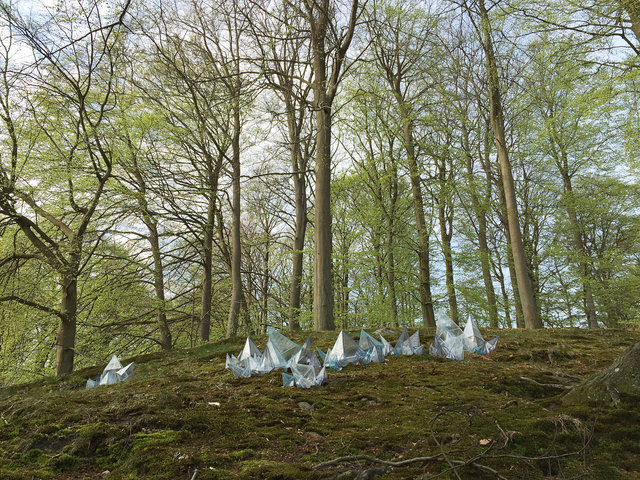 Work made for the exhibition Flygtighed in Liselund, Danmark. Sewed plast sheets. 2015