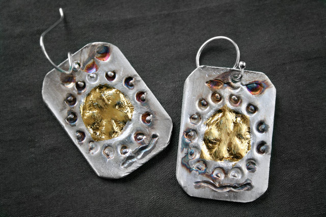 Eucalyptus Pod Earrings - Fine silver with 23.5 k gold burnished in. Patina for accent. Dimensions 3 1/2 X 2 1/2 cm (SOLD)