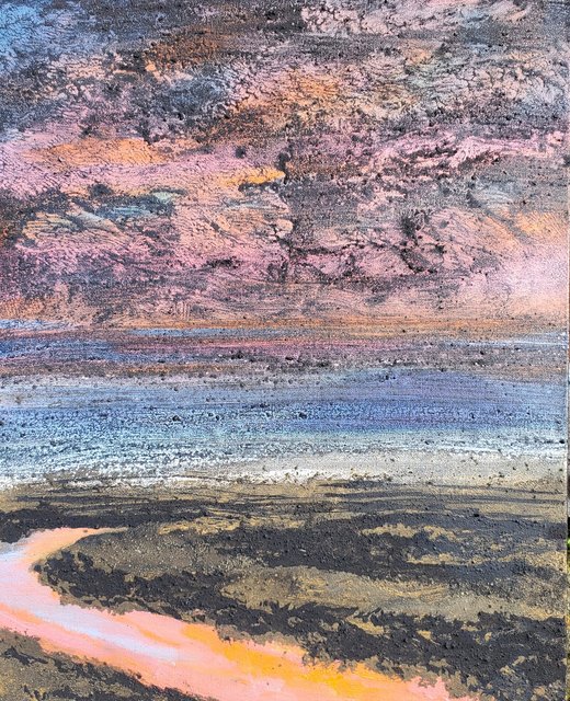 "November on the Samish" 20x16 lightning charcoal, volcanic ash, acrylic & oil on canvas