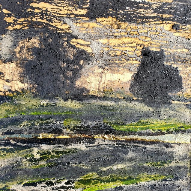"Post Rain" 10x10 lightning charcoal, volcanic ash, gold leaf, tar paper, acrylic & oil on wood